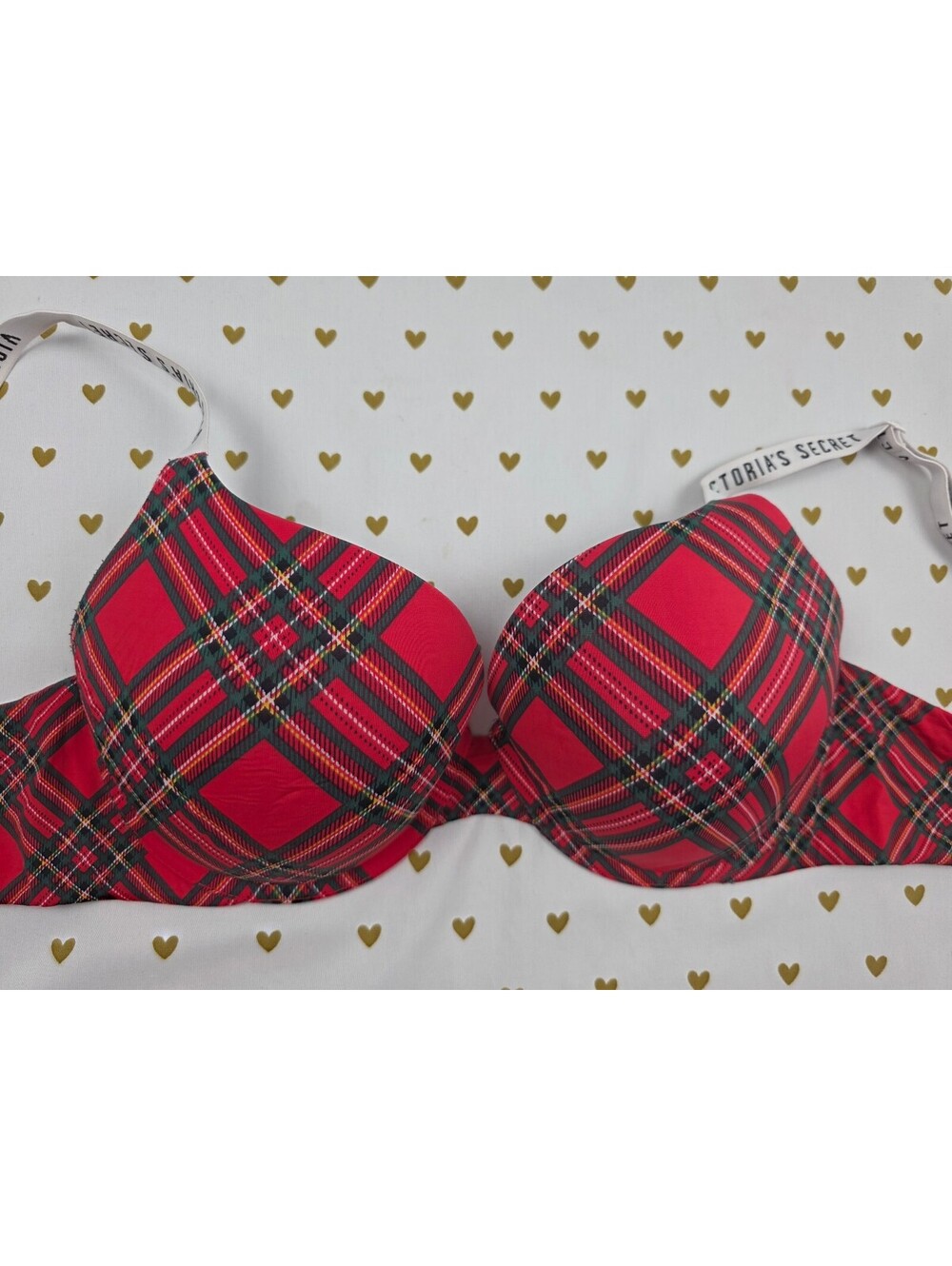 Victorias Secret Logo Strap Plaid T Shirt Push Up Bra Red Full Coverage 36D